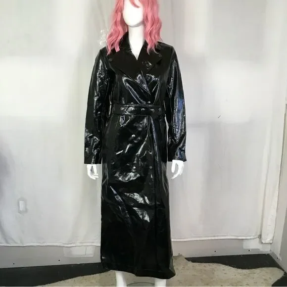 NEW Good American Black Shiny Faux Leather Belted Oversized Trench